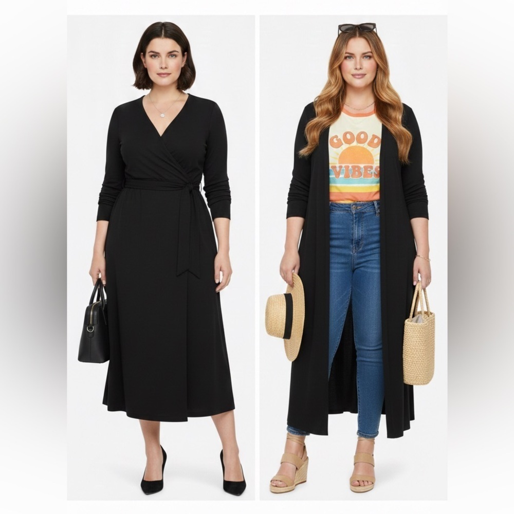 Lane Bryant Black Long Sleeve Belted Duster Kimono Cardigan Plus Size 22/24 NWT
